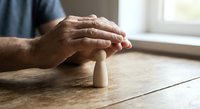 Man's hands protecting wooden figure on table symbolizing care, insurance coverage, family protection and security concept in home environment.