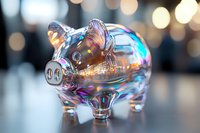 Iridescent glass piggy bank with holographic rainbow effect reflecting light against blurred bokeh background, symbolizing financial savings and wealth management.