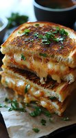 Grilled cheese sandwich with melted cheese pulling between golden-brown toasted bread slices, garnished with fresh chopped parsley, served on parchment paper.