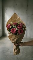 Hand holding a rustic bouquet of pink roses and white daisies wrapped in kraft paper, set against a concrete background.