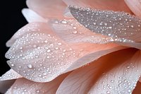 Soft pink flower petals covered with fresh water droplets and dew, creating a delicate, natural texture. Macro photography capturing botanical details for nature, wellness, and spa design projects.