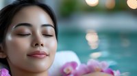 Young Asian woman relaxing at spa with closed eyes and serene expression near pool water, pink orchid flowers and soft bokeh lights creating peaceful ambiance.