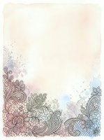 Ornate floral border with watercolor splashes in soft pastels frames cream background, ideal for invitations, greeting cards, and decorative stationery designs.