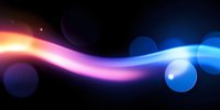 Glowing abstract wave with pink and blue neon light effect on dark background, blurred bokeh circles creating dynamic motion and energy flow effect.