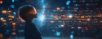 Silhouette of young African American woman against futuristic digital interface with glowing data streams and city lights creating atmospheric cyberpunk scene.