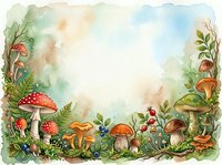 Watercolor forest floor frame with red and golden mushrooms, ferns, berries, and foliage on soft pastel background. Isolated design element for invitations, cards, and woodland-themed projects.