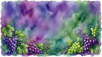 Watercolor grape clusters with green leaves on colorful purple and green background for wine labels, vineyard branding and harvest festival designs.