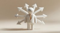 Conceptual figure with arrows radiating outward representing choices, decisions, and multiple directions in business strategy or career path development.