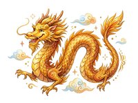 Golden dragon with scaled body and fierce expression surrounded by decorative clouds and sparkles on white background, isolated and ready for design use on apparel and merchandise.