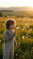 Young child with curly light brown hair, Caucasian ethnicity, wearing gray knit cardigan, standing in wildflower meadow at golden hour sunset, gazing thoughtfully across blooming field with mountains in soft focus background.
