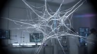 Glowing white network lines form abstract web structure in modern office space, representing connectivity, data flow, and digital communication technology.