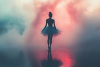 Silhouette of graceful ballerina in tutu dress standing on reflective surface against dreamy pink and blue foggy background with ethereal lighting.