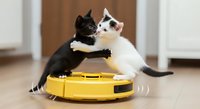 Black and white kitten playing on yellow robotic vacuum cleaner indoors. Playful pets interacting with smart home cleaning device on wooden floor.