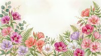 Watercolor floral border with pink, purple, and coral blooms, ferns, and green leaves on a soft cream background with copy space.