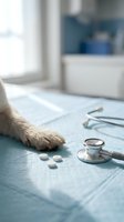 Dog paw with stethoscope and pills on examination table in veterinary clinic for pet healthcare and medical treatment concepts.