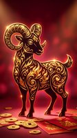 Golden ornate ram with decorative swirls glowing on red background with coins and envelopes for Chinese New Year celebration and zodiac design.
