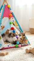 Playful tabby kitten with green eyes relaxing inside colorful fabric tent with dangling pom-pom toys, wooden frame, and patterned fabric featuring stars and polka dots on white carpet.