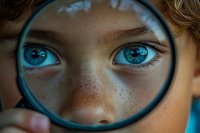 Young child with bright blue eyes and freckles looking through magnifying glass for educational exploration and discovery concepts.
