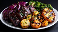 Grilled beef short ribs served with roasted baby potatoes, steamed broccoli, and purple cabbage on white plate, close up view of juicy meat dinner.