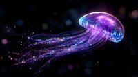 Luminescent jellyfish with glowing tentacles floating in dark water, radiating purple and blue bioluminescent light trails against black background, magical underwater scene.