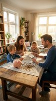 Happy family with two children counting coins at wooden table in cozy living room with natural sunlight streaming through windows for financial education.