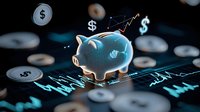 Glowing piggy bank on financial chart with floating dollar symbols, representing savings growth and investment success in dark modern setting.
