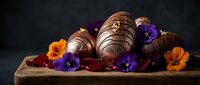 Gourmet chocolate truffles with gold leaf garnish and edible purple orange flowers on rustic wooden board against dark moody background for luxury dessert menu.