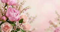 Elegant pink peony and rose bouquet with lily of the valley on soft blurred background for wedding, romance and spring celebration designs.