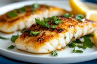 Pan-seared white fish fillets garnished with fresh parsley and lemon on white plate, showing golden-brown crust and flaky texture for culinary presentation.