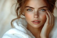 Young woman with freckles and blue eyes in white bathrobe, touching face with soft natural light creating intimate portrait atmosphere.
