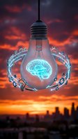 Glowing brain inside suspended light bulb with glowing chain of connected light bulbs against dramatic orange and red sunset sky. Concept for innovation, creativity, and intelligent ideas.