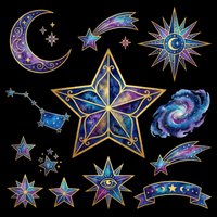Celestial clipart set with stars, moon, galaxy, and shooting stars in deep blue and gold, isolated on transparent background. Great for stickers, t-shirt design, and print on demand.