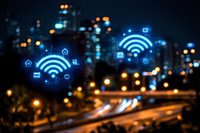 Smart city concept with wifi symbols and connected IoT devices glowing over blurred urban highway and skyscrapers at night with bokeh lights.