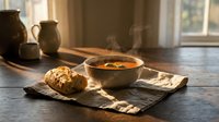 Steaming tomato soup in a rustic ceramic bowl with crusty bread on a linen napkin, warm sunlight streaming through a window.
