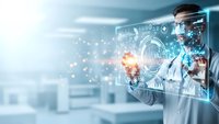 Male doctor using futuristic holographic interface with digital data visualization and medical technology in modern healthcare environment.