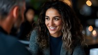 Young mixed race woman with curly ombre hair smiling during conversation at evening restaurant. Warm bokeh lights create romantic atmosphere for social gathering.