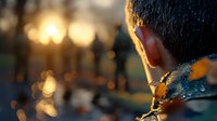 Young Asian woman in winter coat gazing at golden sunset with bokeh lights and water droplets creating dreamy atmosphere. Contemplative moment captured during magic hour.