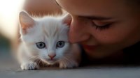 Young woman gently nuzzling white kitten with blue eyes in intimate close-up portrait showing tender connection between human and pet against soft blurred background.