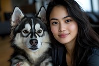 Young Asian woman with long dark hair smiling next to her husky dog with blue eyes in cozy home interior for pet ownership and companionship concepts.