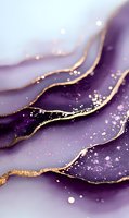 Luxurious purple and gold abstract fluid art with glitter effect. Flowing waves create elegant marble-like pattern with shimmering golden lines and sparkling details.