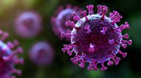 Microscopic view of virus cell in purple and pink colors with detailed spike proteins against dark background, scientific medical research visualization.