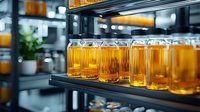 Glass jars filled with golden honey or syrup on dark retail shelves with soft bokeh background, showcasing natural food product display in store setting.