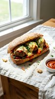 Gourmet meatball sandwich with melted cheese, marinara sauce, and fresh herbs on crusty roll. Served on linen with tomato sauce on wooden table by window.