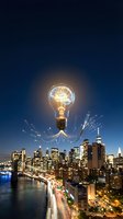 Glowing lightbulb with brain inside floating above illuminated city skyline at night with electrical sparks representing innovation and creative ideas.