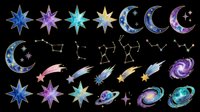 Celestial clipart set with stars, moons, comets, galaxies, and constellations in blue and purple tones, isolated on transparent background, ready for stickers, t-shirt design, and print on demand.
