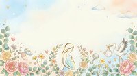 Young pregnant woman in blue dress surrounded by blooming flowers, hearts, and flying birds in soft pastel watercolor style. Maternity, motherhood, and new life concept for nursery decor, greeting cards, and wellness designs.