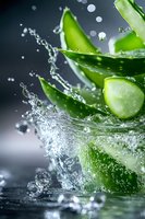Fresh aloe vera leaves splashing in clear water with dynamic water drops and motion effect against dark background, macro photography.