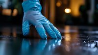 Gloved hand touching wet surface at night with bokeh city lights in background, suitable for cleaning, hygiene, and safety concepts.