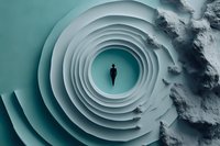 Lone figure standing at the center of a spiral vortex with layered teal walls, evoking solitude, journey, and inner exploration.