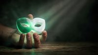 Hand holding glowing green and white masks symbolizing environmental consciousness, sustainability choices, and eco-friendly lifestyle decisions for design projects.